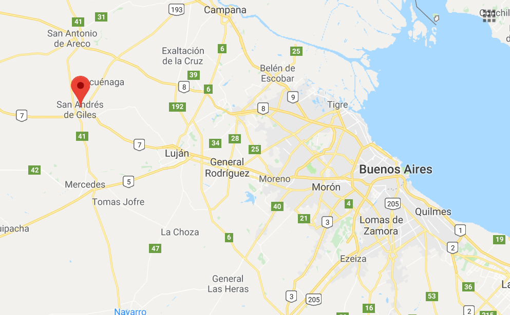 The town of San Andr&eacute;s de Giles in relation to Buenos Aires.