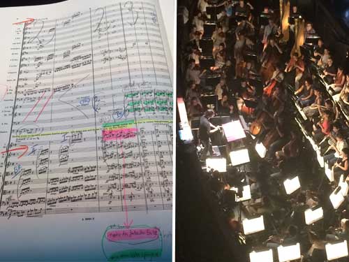 A page from Maestro N&aacute;n&aacute;si&rsquo;s Elektra score (l) and part of the Elektra orchestra (r).