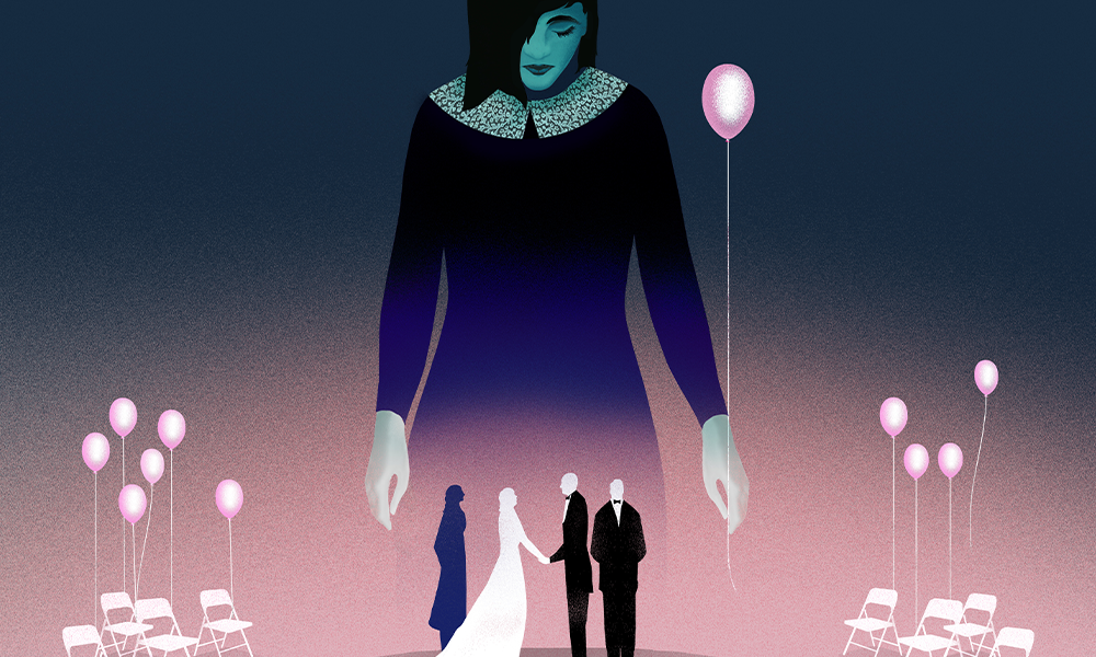 Graphic of silhouettes of a bride and groom at the alter with pink balloons tied to empty chairs around them. Hovering behind them is a gigantic silhouette of a woman holding a pink balloon looking down on them.