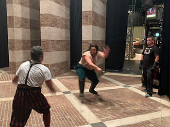 fight practice Dave Maier working with Pene Pati and Daniel Montenegro on the Romeo/Tybalt fight sequence during a fight brush-up rehearsal at intermission.