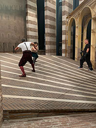 Dave Maier working with Pene Pati and Daniel Montenegro on the Romeo/Tybalt fight sequence during a fight brush-up rehearsal at intermission.