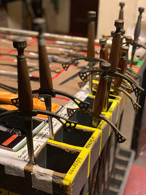 Weaponry for Romeo and Juliet – everything is carefully stored, labeled and tracked by our Master Armorer Scott Barringer.