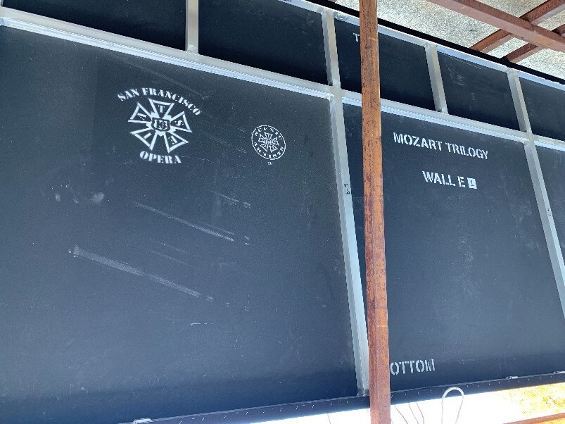 Scenic marks on the rear of the scenery close-up and in situ onstage.