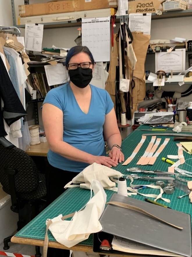 Amy Ashton-Keller at work on the Singer Masks and other critical Costume Shop projects.