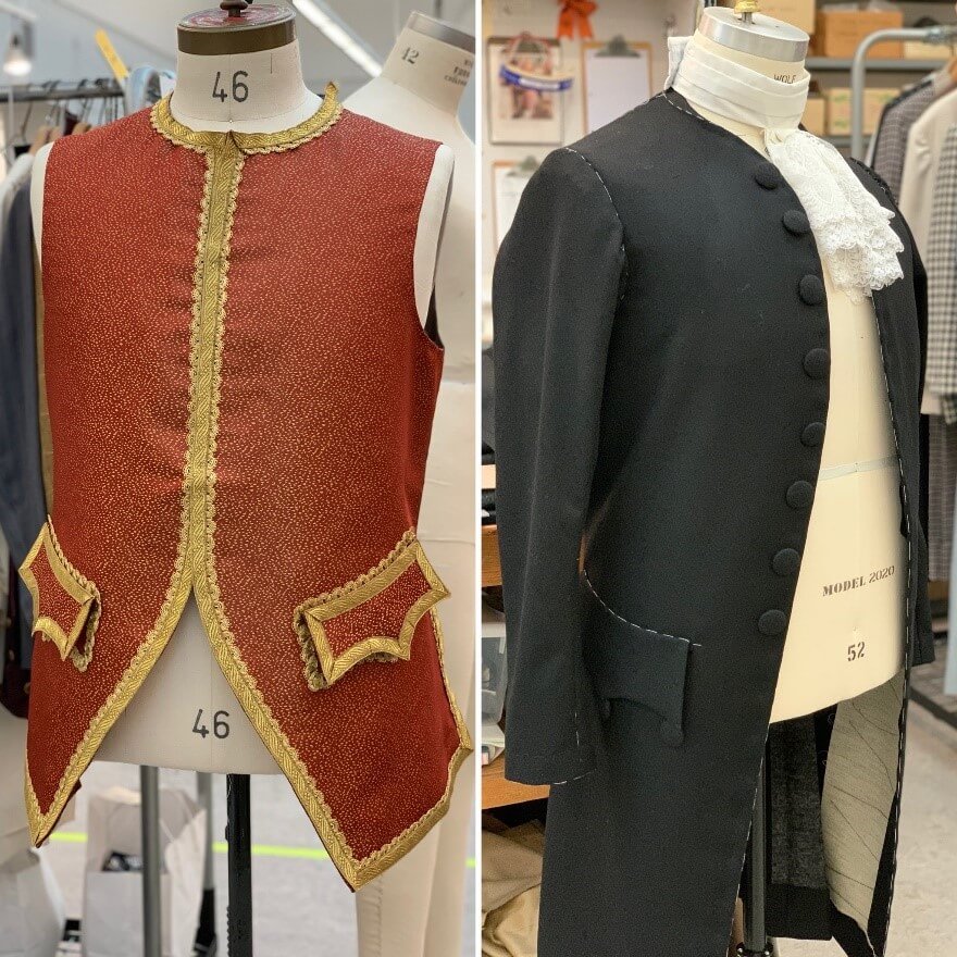 Old and new: adapting a Manon Lescaut costume for Bartolo on the left, while Basilio’s jacket on the right is being made from scratch.