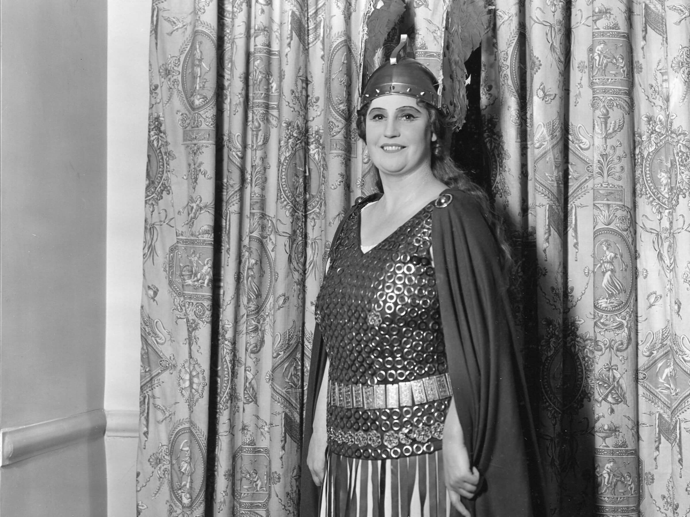 Black and white photo of Kristen Flagstad dressed in viking costume