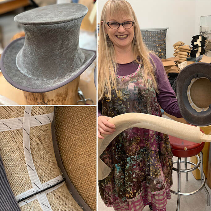 The Opera&rsquo;s Senior Milliner, Paula Wheeler, with the Sandman&rsquo;s whimsical hat, showing the sinamay material, with the strips of white rigilene boning.