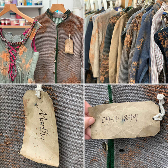 The costumes for the gingerbread children, replete with names and &ldquo;baked&rdquo; dates.