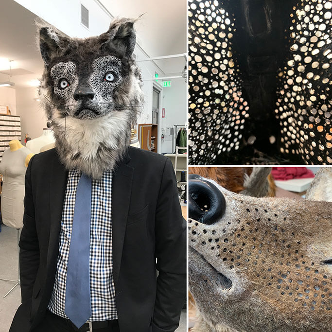 Yours truly wearing the wolf mask, and, on the right, the view through the mask&rsquo;s many holes.