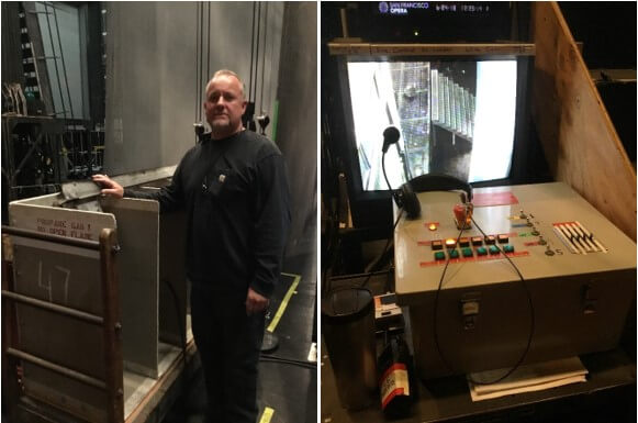 Jim Eldredge with the propane tanks and the console he uses to activate the fire sequence.