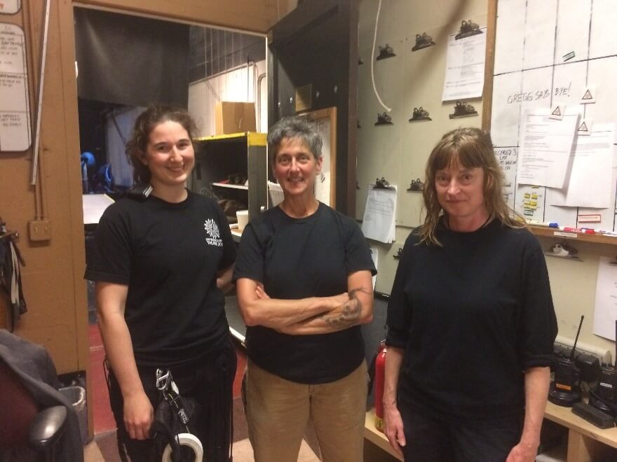 Sophie, Beth and Patricia out of parachute gear in the Props office at San Francisco Opera.