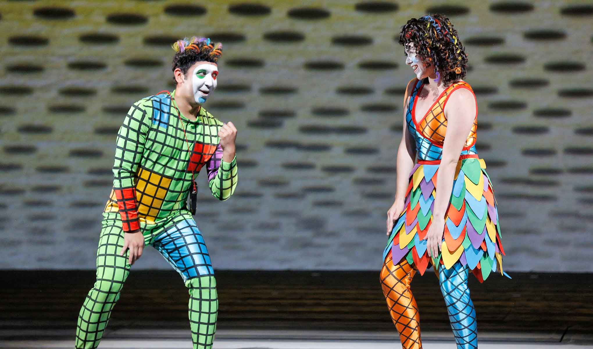 Efraín Solís (Papageno) and Maria Valdes (Papagena), two of our featured vocalists on the Smule Sing! Karaoke app, in our 2015 production of The Magic Flute.