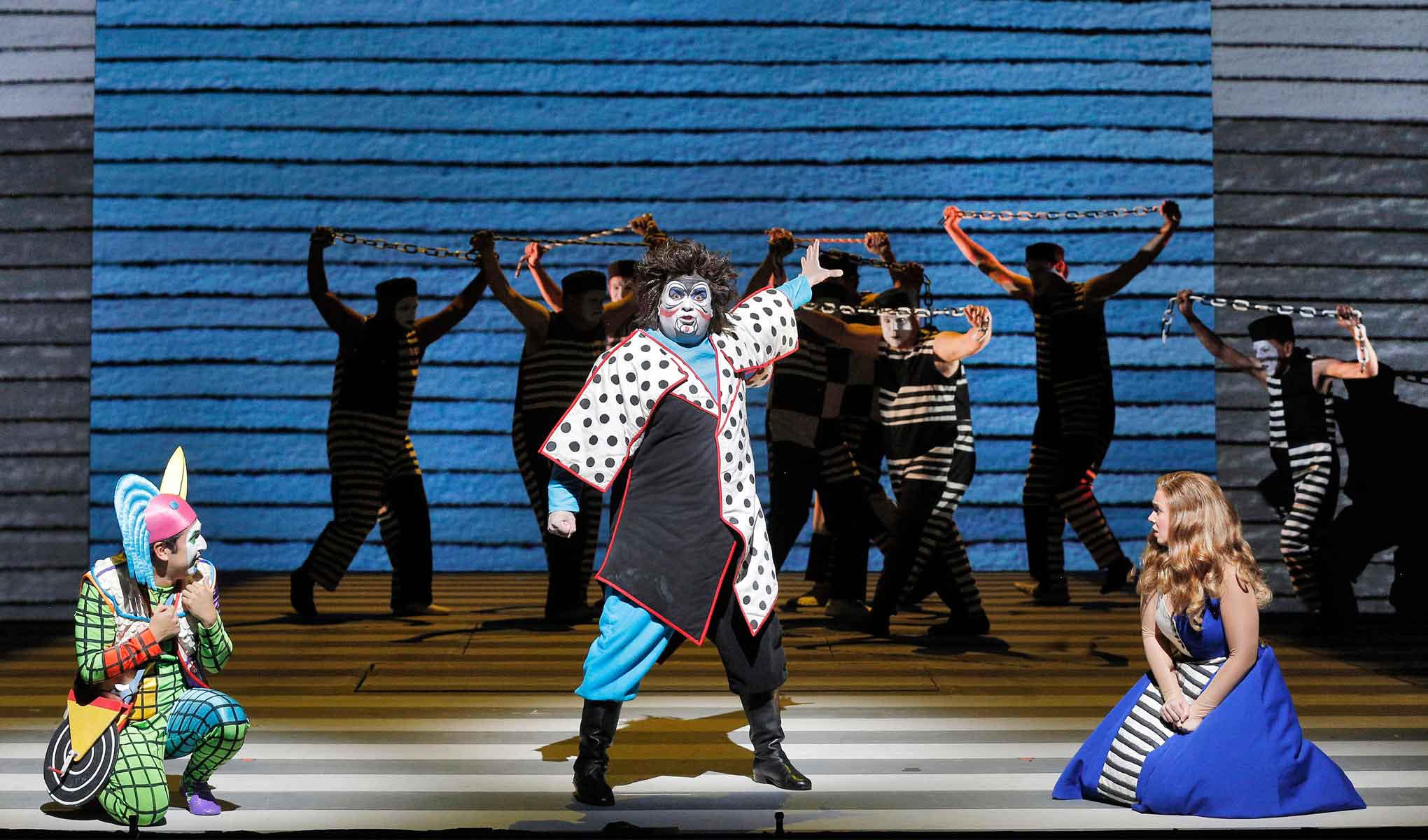 Efraín Solís as Papageno, Greg Fedderly as Monostatos, and Sarah Shafer as Pamina in The Magic Flute. ©Cory Weaver/San Francisco Opera