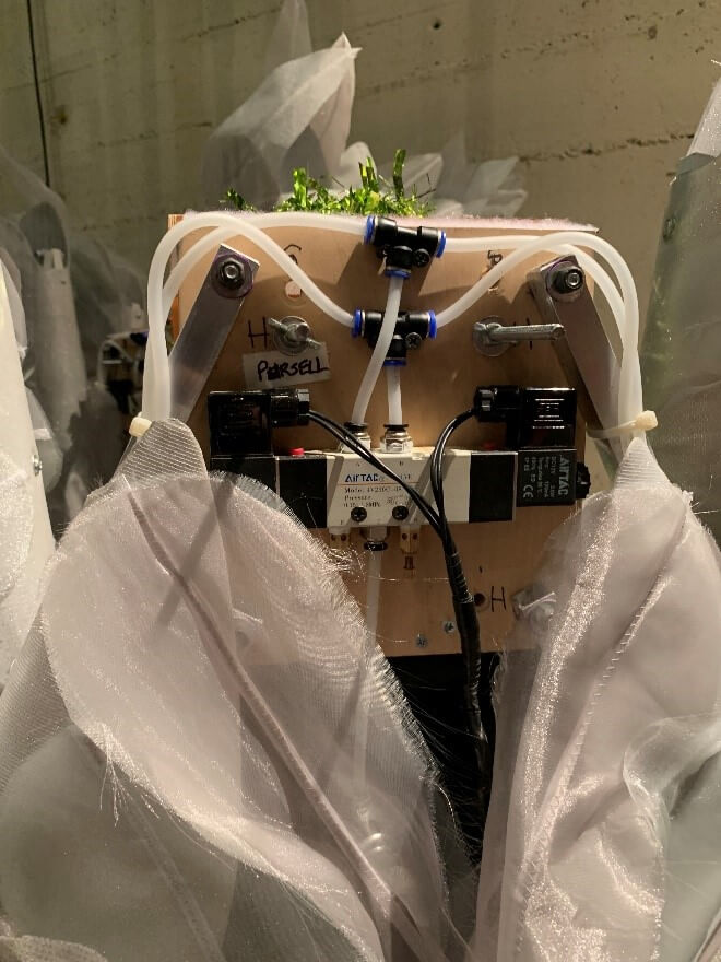 The mechanics of the wings: the full set up; the adjusters for air speed; the switch for the singers, and the small CO2 tanks (compare to the size of the safety pins!).
