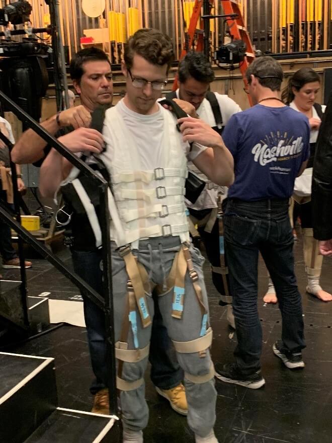 The Adler angels being prepped for their flying technical rehearsal, supported by members of the grips crew Paul Delatorre and Geoff Heron, and Jim Holden from our props crew.