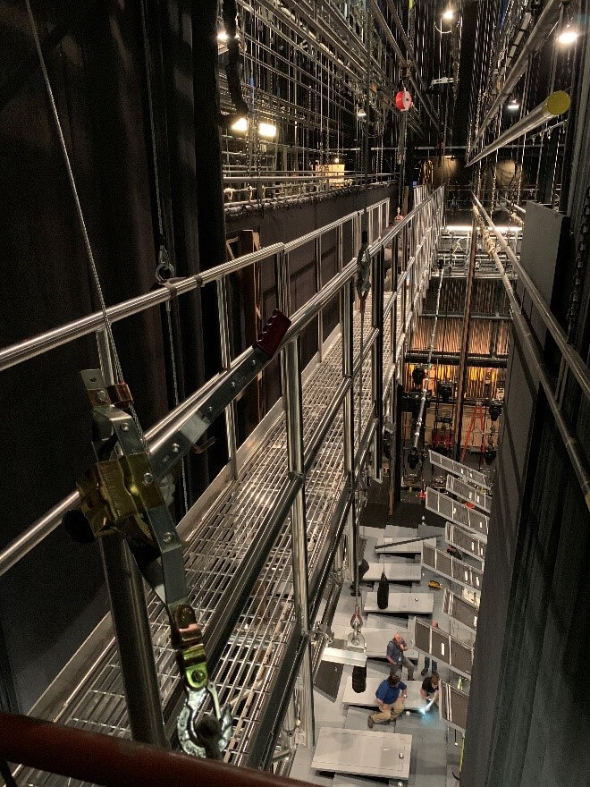 The bridge constructed high above the stage that receives the angels when they fly up.