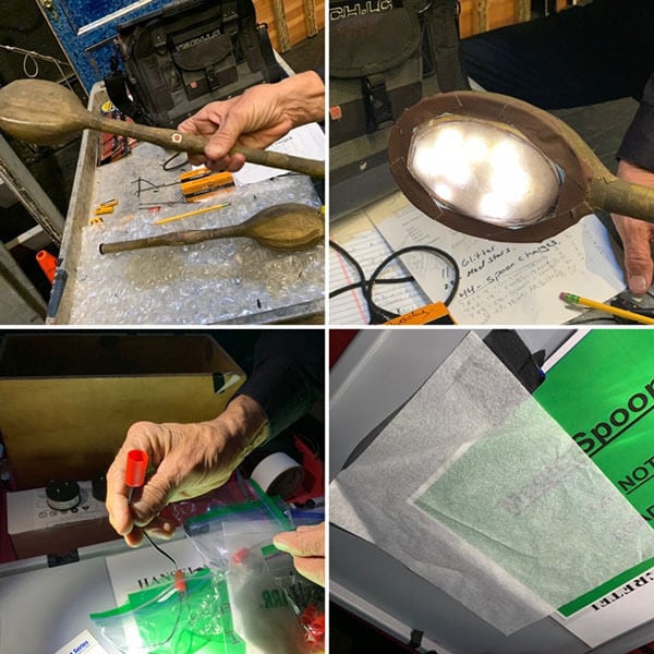 The stages of a pyro spoon – Geoff showing one of the activation buttons, the LED lights, a sheet of the flash paper and then holder/electronic match into which the paper is scrunched up.