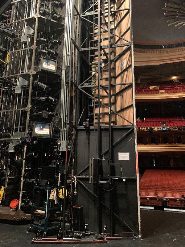 The rear of the stage-left false proscenium containing the pulley systems for the forest bugs.