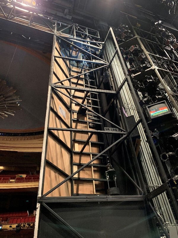 The end of the path of travel for the beetle, hidden inside the false proscenium. In this photo you can just see the top of the counterweight that allows the beetle to return to its original location.
