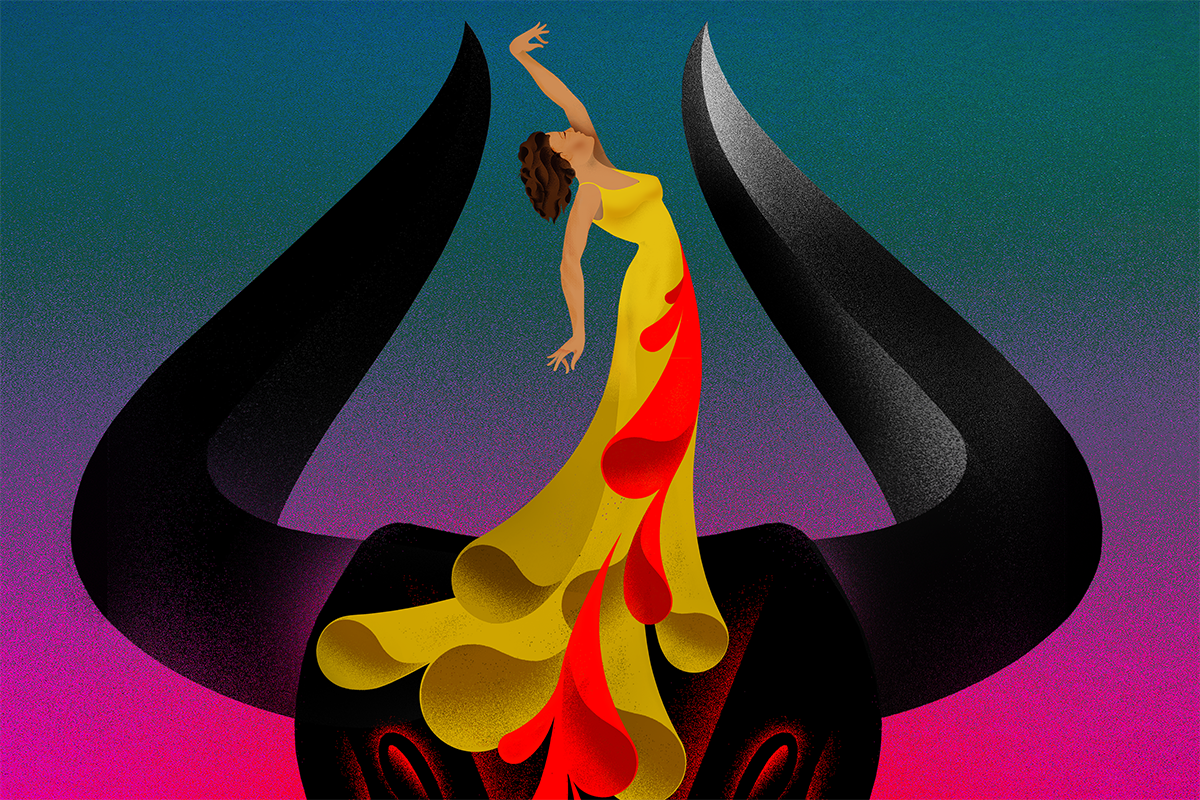 graphic depicting Carmen in a long flowing yellow and red dress. In the background is a black bull with red eyes. graphic depicting Carmen in a long flowing yellow and red dress. In the background is a black bull with red eyes.