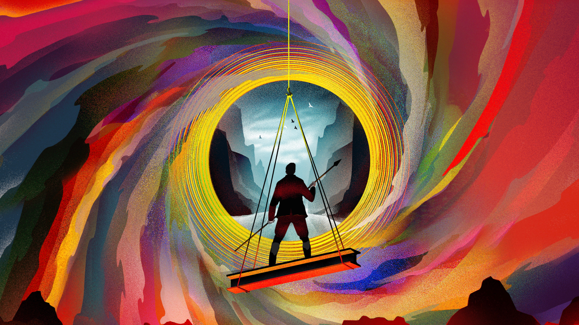 Illustration of a silhouetted figure standing on a suspended platform inside a glowing gold ring above orange clouds.