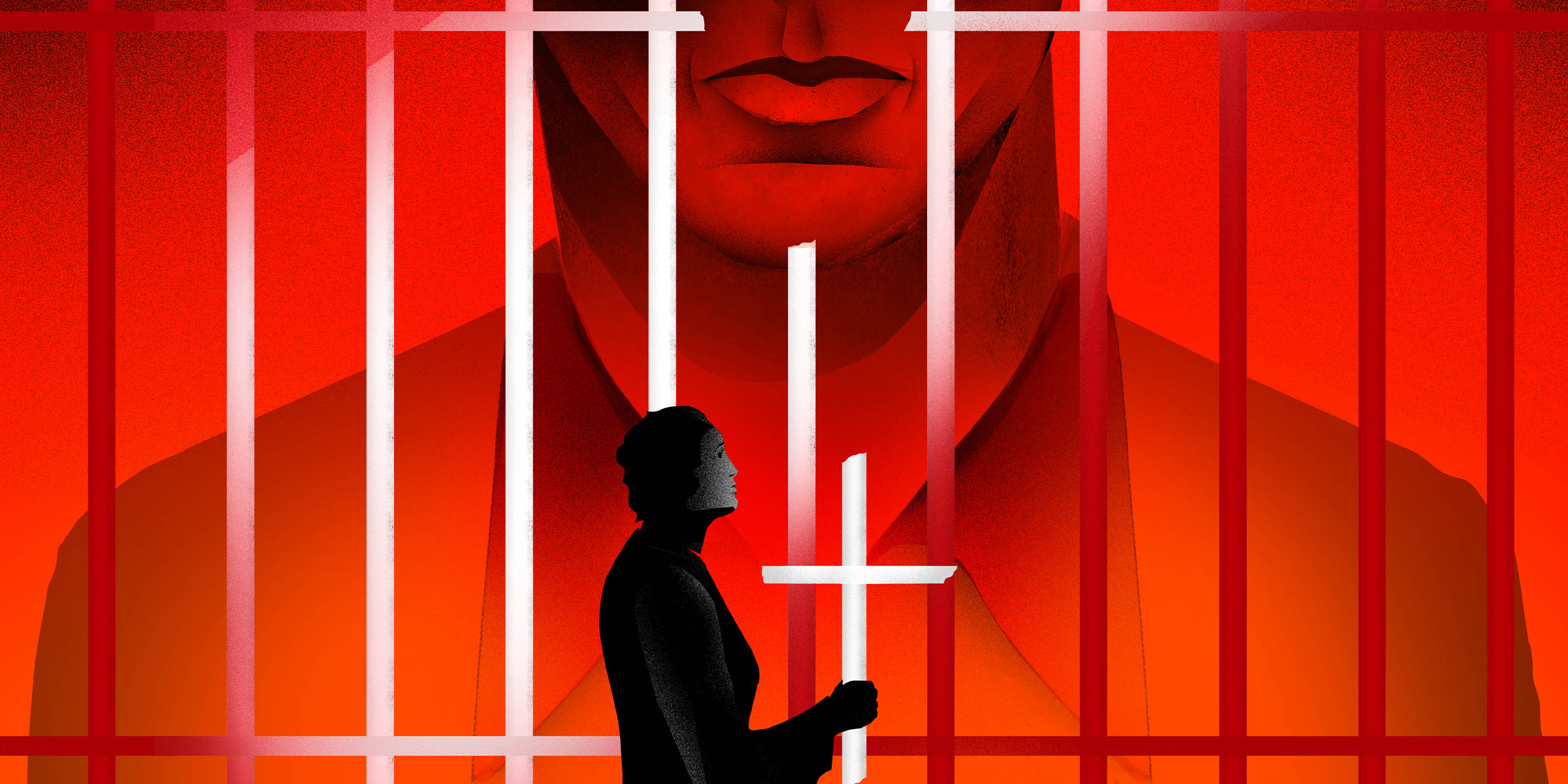 Illustration of Sister Helen holding a white cross before prison bars, with a large red-toned image of a man behind her.