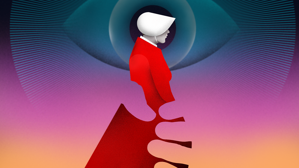 The Handmaid's Tale graphic of a handmaid in red dress and white bonnet with invisible hands around her and a large eye in the background