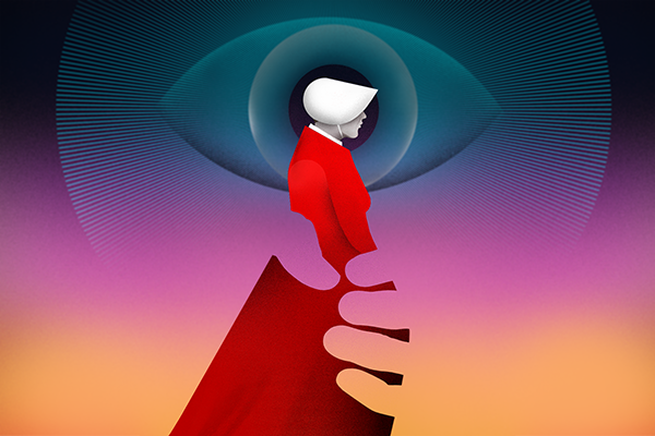 Stylized profile of a handmaid wearing a red cloak, set against a gradient background that transitions from blue to pink. Behind the figure is a series of concentric circles that form a translucent hand holding the handmaid.