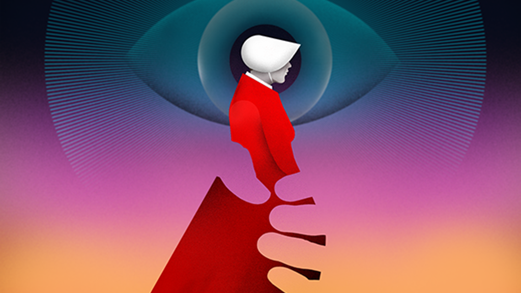 Stylized profile of a handmaid wearing a red cloak, set against a gradient background that transitions from blue to pink. Behind the figure is a series of concentric circles that form a translucent hand holding the handmaid.