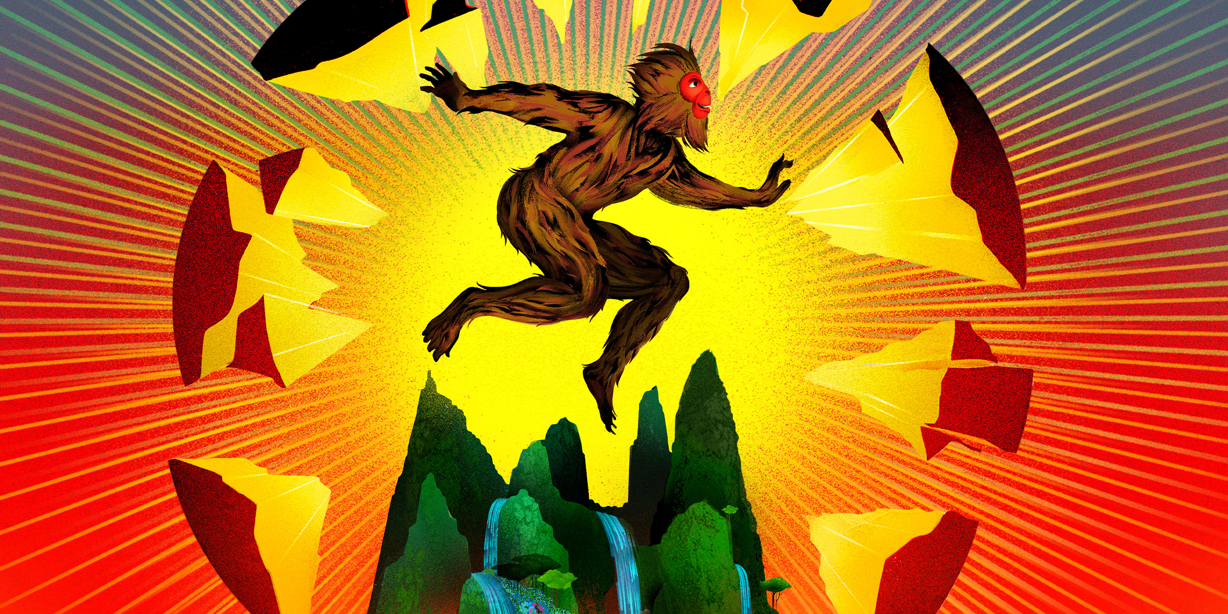 Illustration of a monkey-like figure leaping above mountains and a waterfall, surrounded by shattered golden shapes against a radiant red and yellow background.