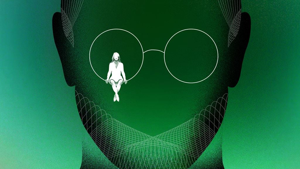Digital green outline of Steve Jobs with silhouette of a woman sitting on the rim of the glasses