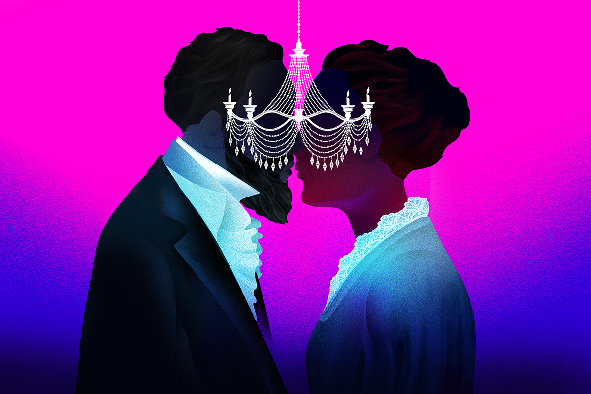Un Ballo in Maschera graphic depicting a male and female silhouette face to face with a chandelier between them.