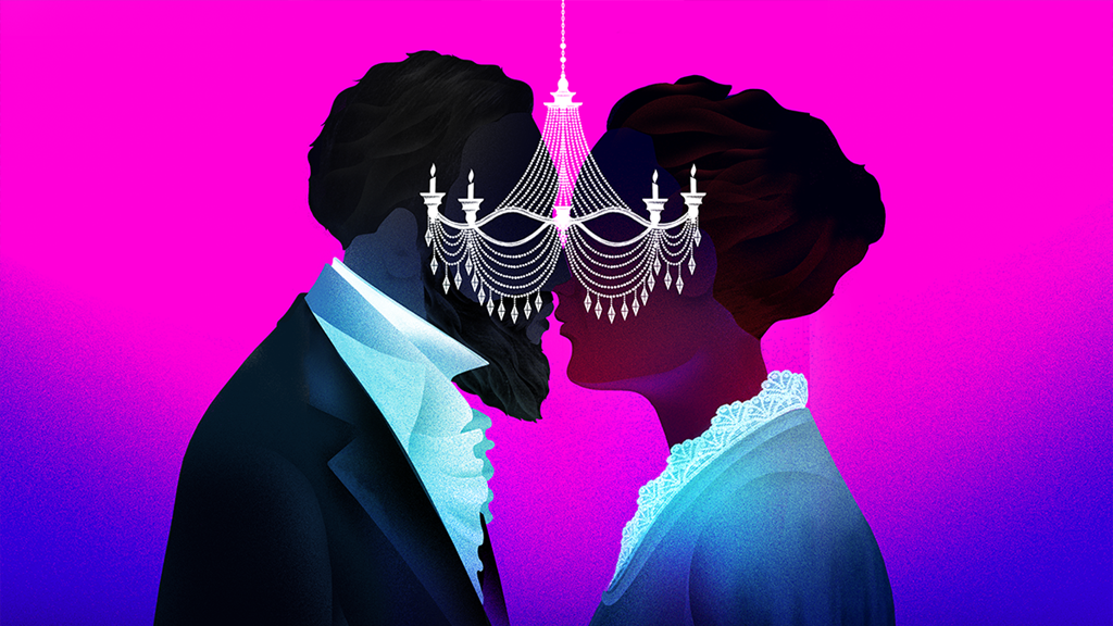 Un Ballo in Maschera graphic depicting a male and female silhouette face to face with a chandelier between them.