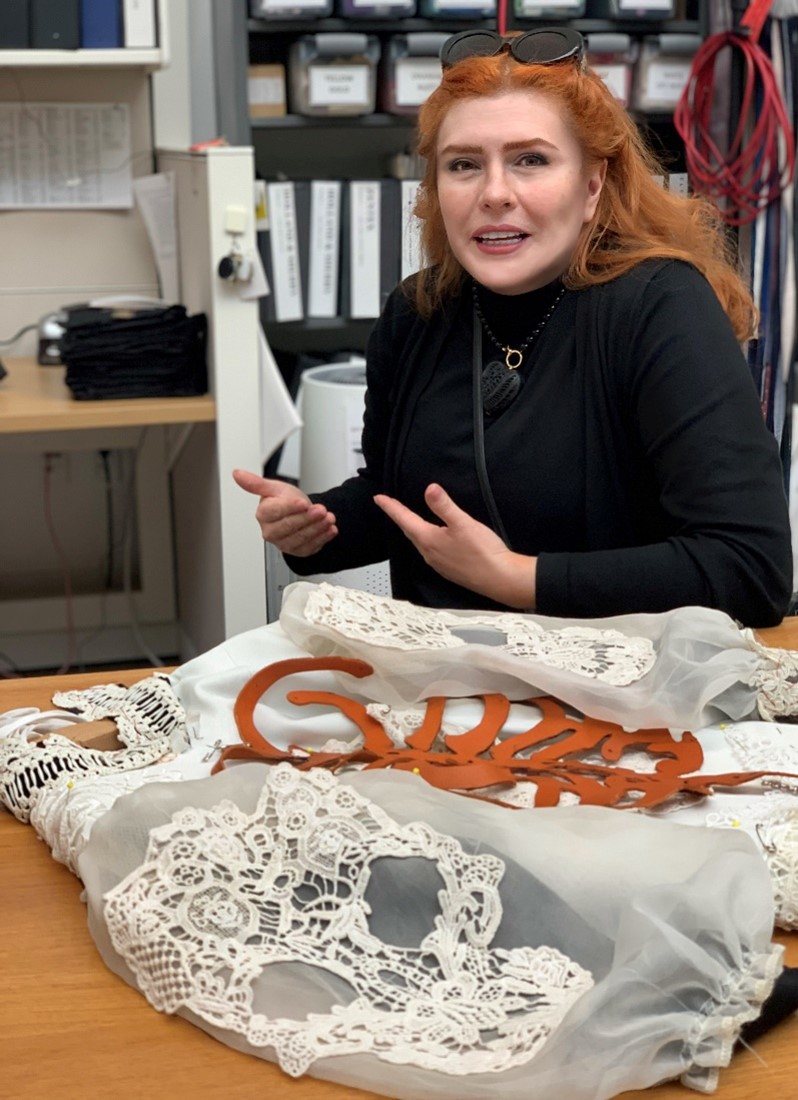 Eloise in the Opera&rsquo;s Costume Shop with part of Catrina&rsquo;s costume. 