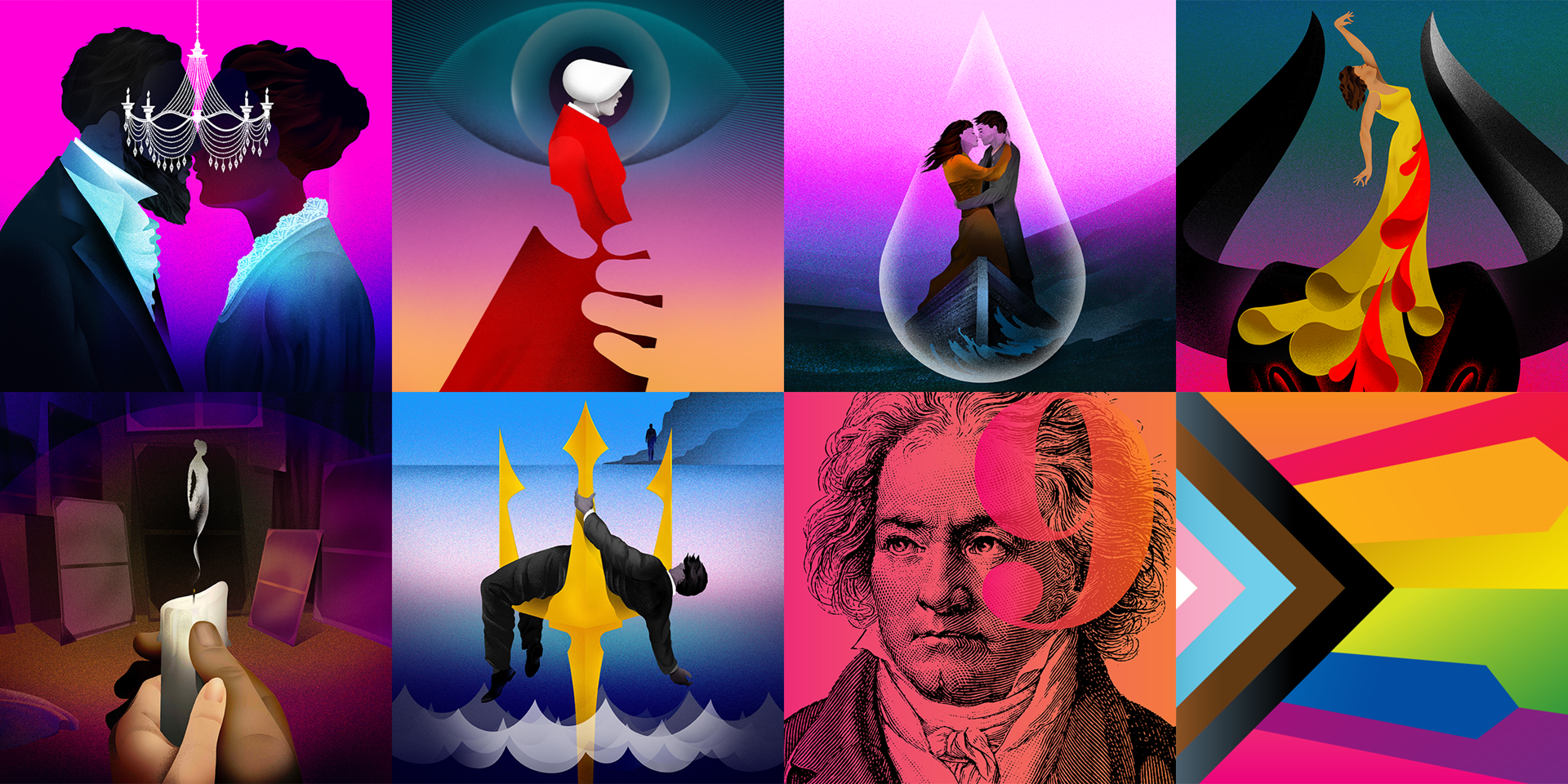 Various illustrations depicting performances for San Francisco Opera 2024-25 Season