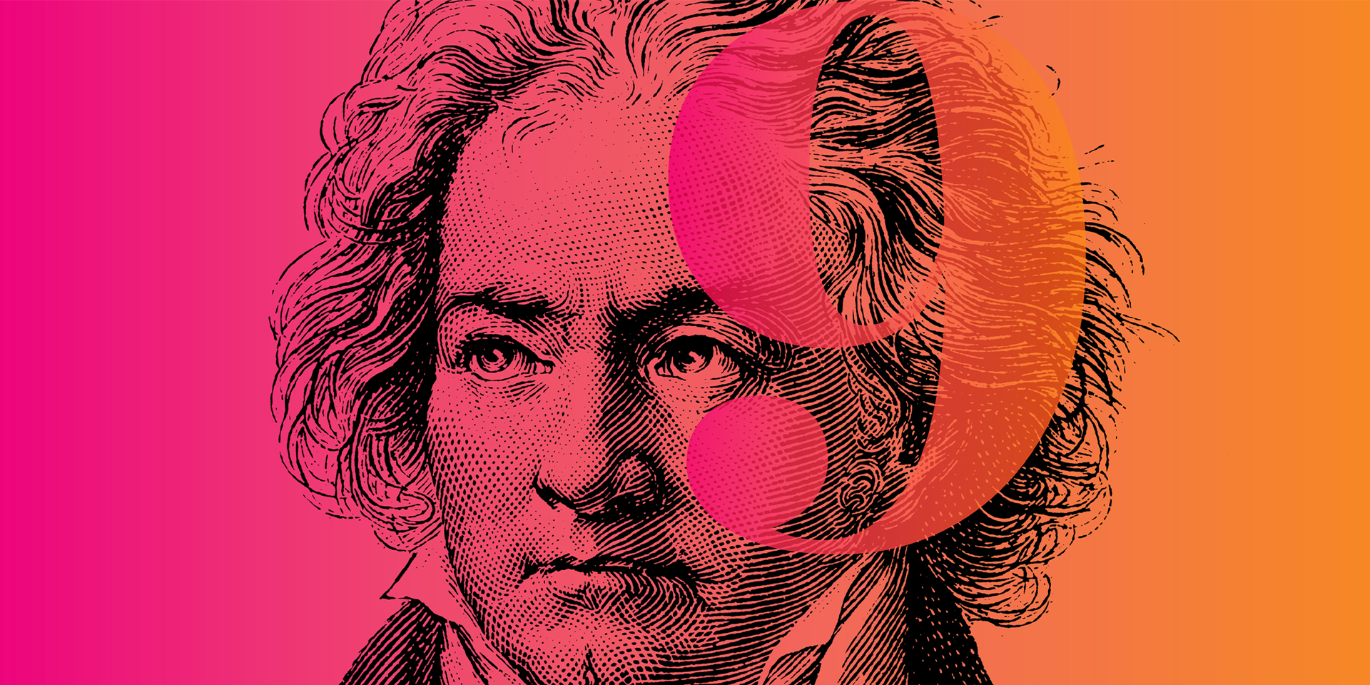 a stylized illustration of the composer Ludwig van Beethoven against a two-tone background, split diagonally between pink and orange. Beethoven&#39;s portrait is in a line-drawing style, prominently showcasing his intense gaze and classic period hairstyle. Overlaying the illustration is the number is a semi-transparent number 9.