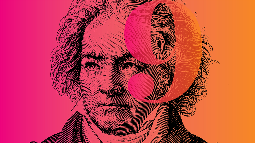 a stylized illustration of the composer Ludwig van Beethoven against a two-tone background, split diagonally between pink and orange. Beethoven&#39;s portrait is in a line-drawing style, prominently showcasing his intense gaze and classic period hairstyle. Overlaying the illustration is the number is a semi-transparent number 9.