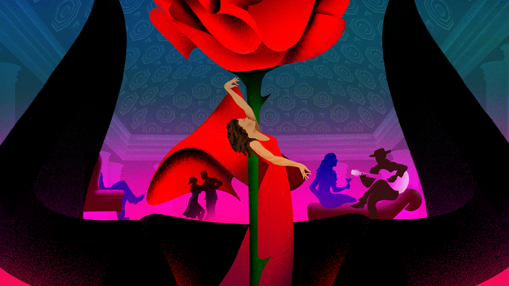 Graphic illustration of Carmen in a red dress twisted around the stem of a red rose. In the background, there are people dancing and mingling on top of the horns of a bull.