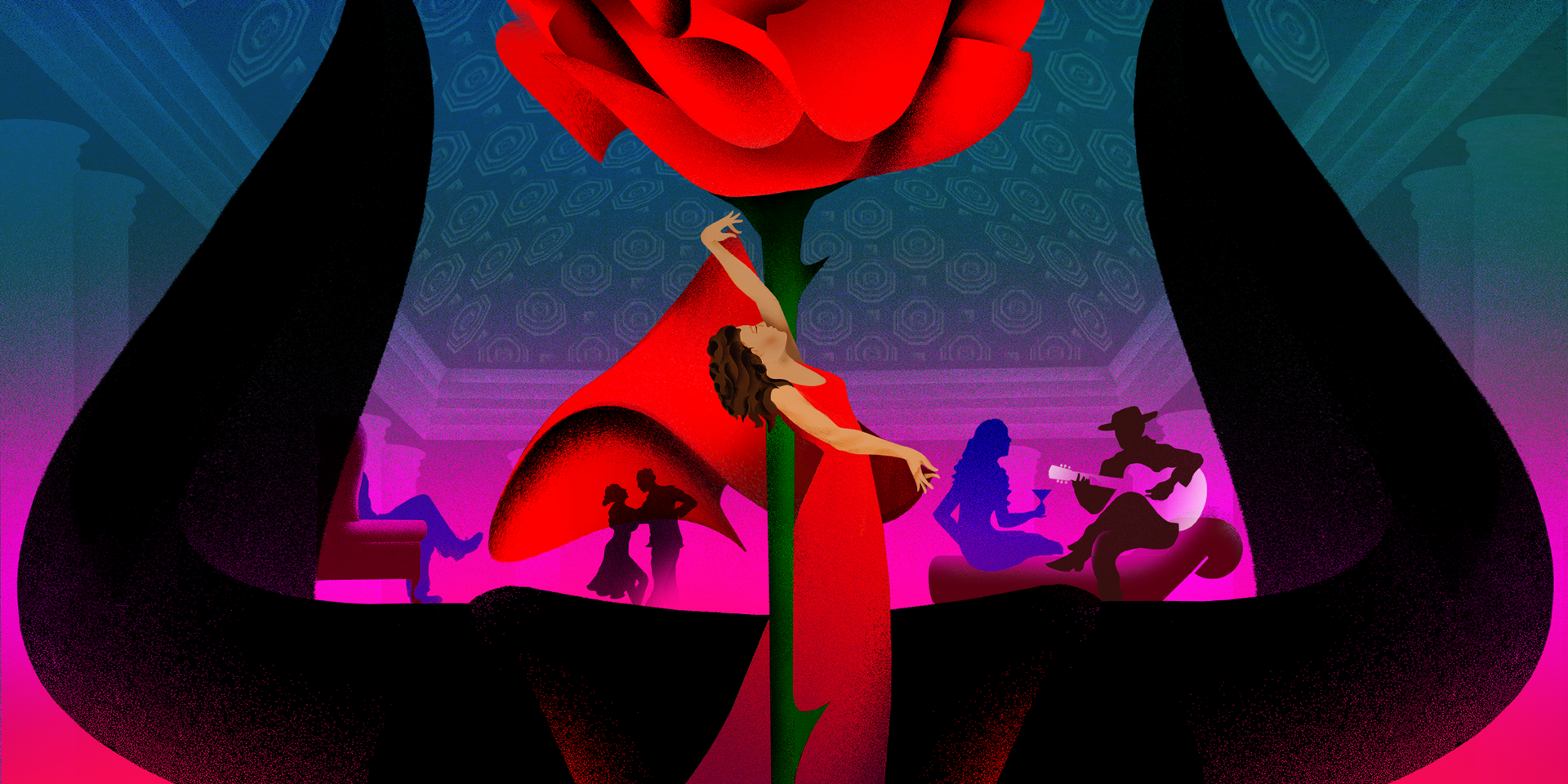 Graphic illustration of Carmen in a red dress twisted around the stem of a red rose. In the background, there are people dancing and mingling on top of the horns of a bull.