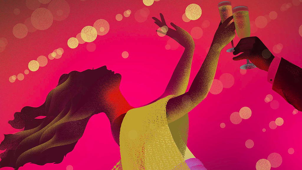 graphic of a woman throwing her long hair back with her arm extended toasting a glass of champagne