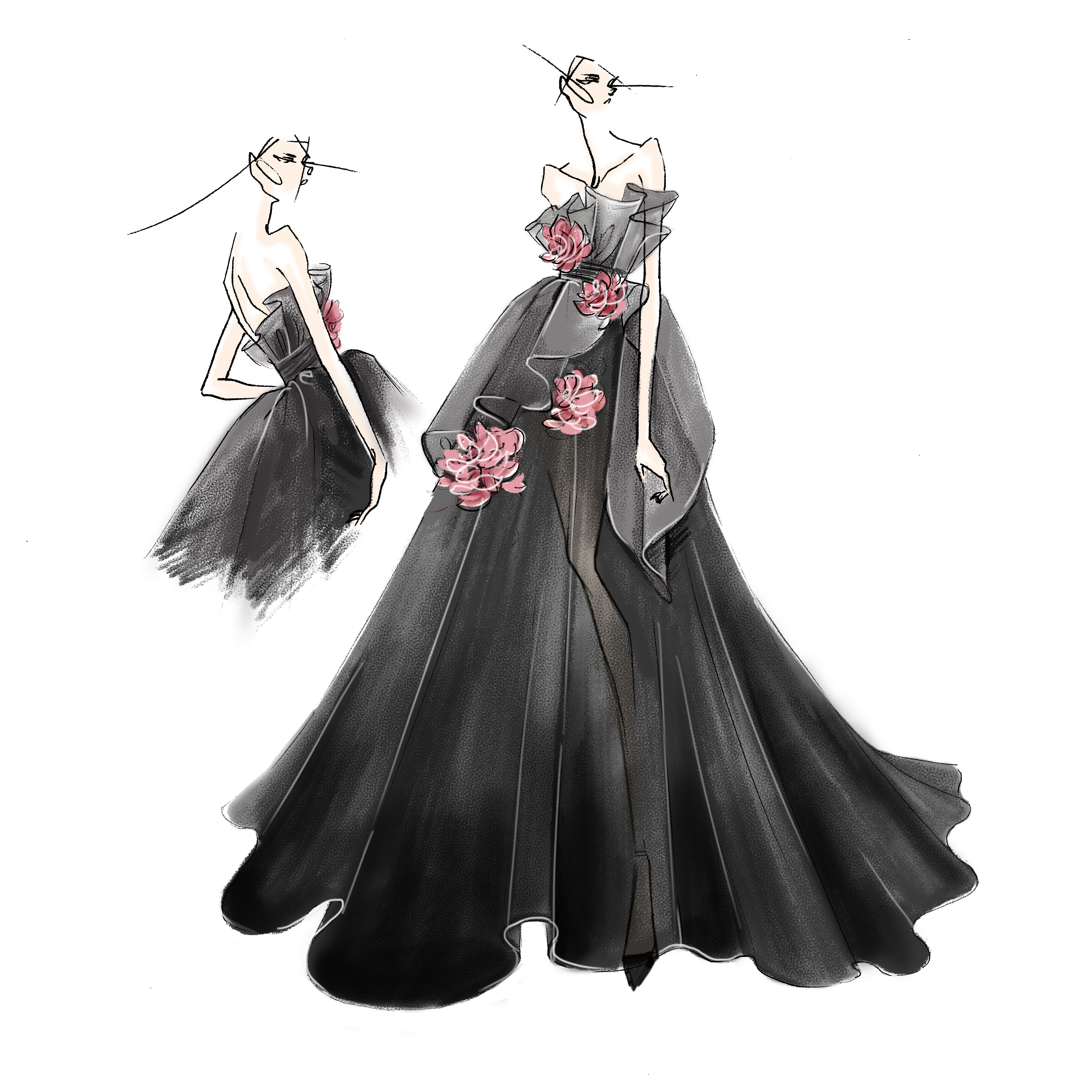 Sketch of a long black gown with flowers cascading down the front