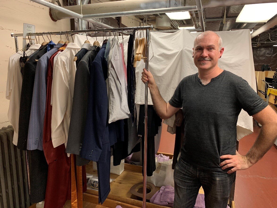 Jai Alltizer with Bill Burden&rsquo;s costume rack for It&rsquo;s a Wonderful Life.