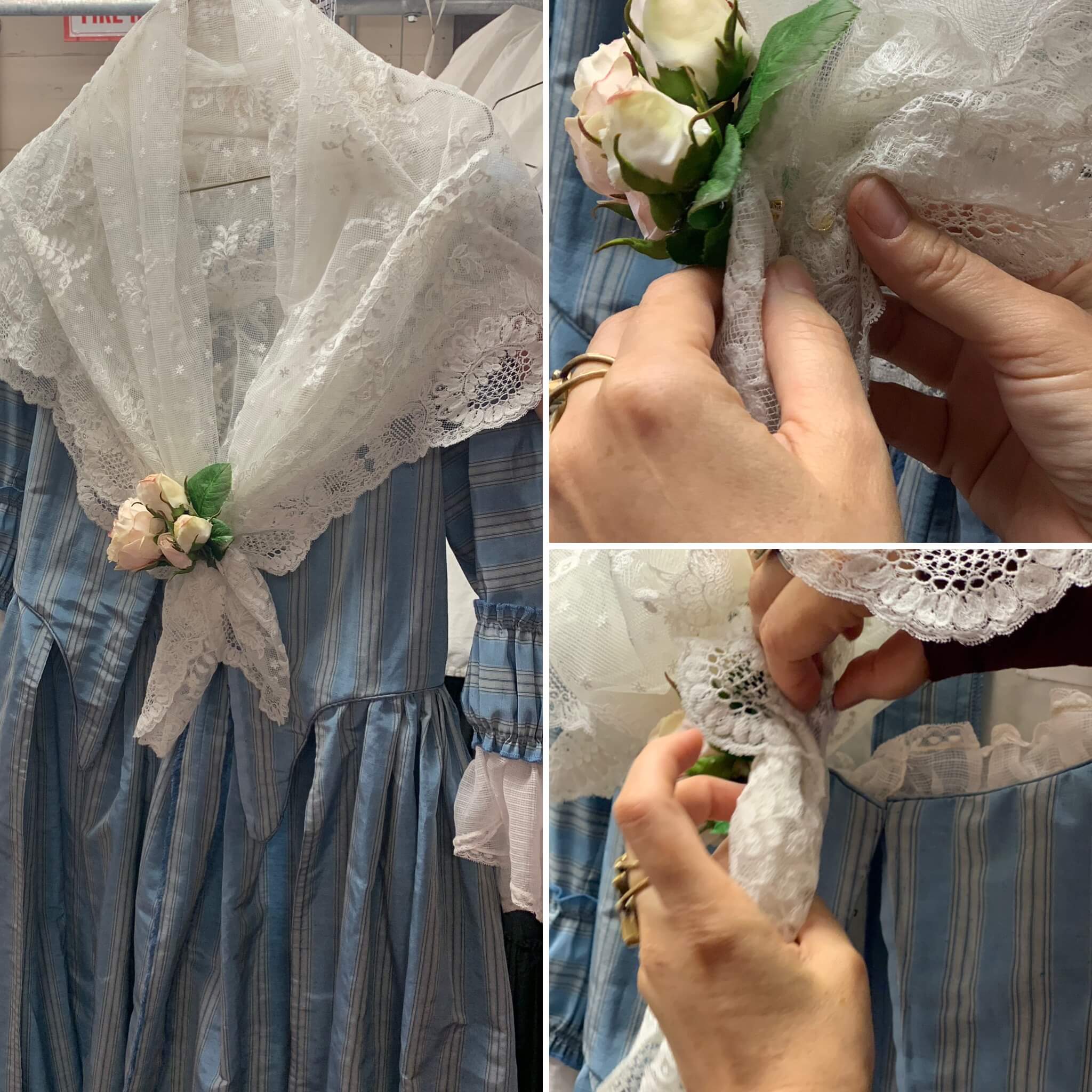 Constance showing the fichu for Susanna&rsquo;s wedding costume and the magnets holding it in place (top right).