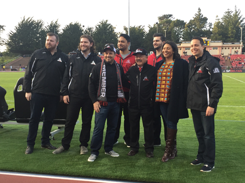 Mayor Lee with Supervisor Breed, four of the Opera&rsquo;s Adler Fellows and two members of the SF Deltas at a recent presentation of the National Anthem.