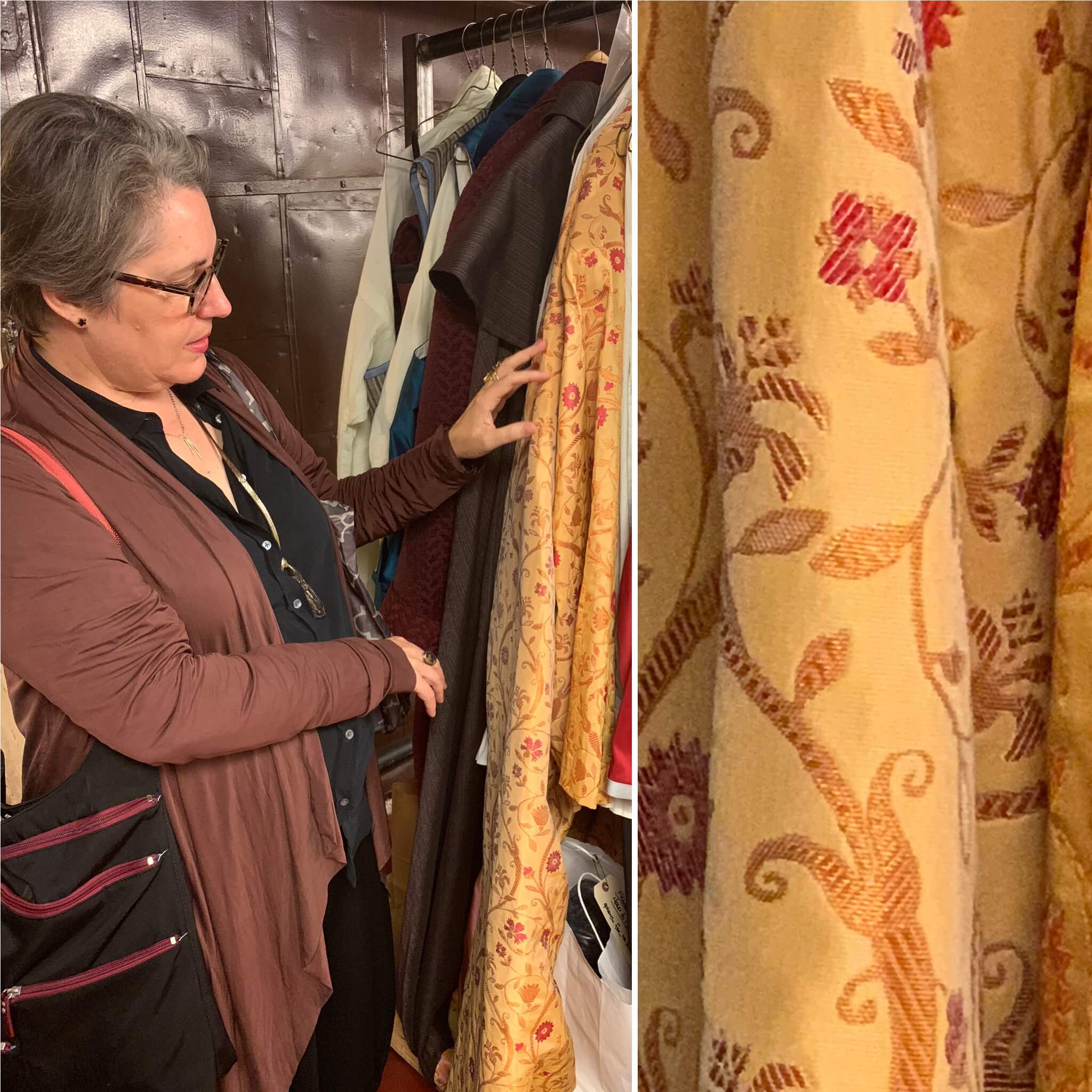 Constance examining the Count&rsquo;s Act I robe before it is used in the piano dress rehearsal.