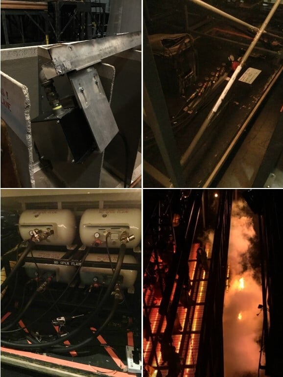 The sequence for the upstage conflagration at the end of G&ouml;tterd&auml;mmerung. 1) the electronic ignition box; 2) the diaphragm regulator; 3) the accumulators; 4) the fire!