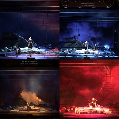The total immersion possible with the projections, lights and new LED floor. Four rapidly changing visual looks in the Br&uuml;nnhilde rock scene at the end of Act I of G&ouml;tterd&auml;mmerung, only possible with this new technology.