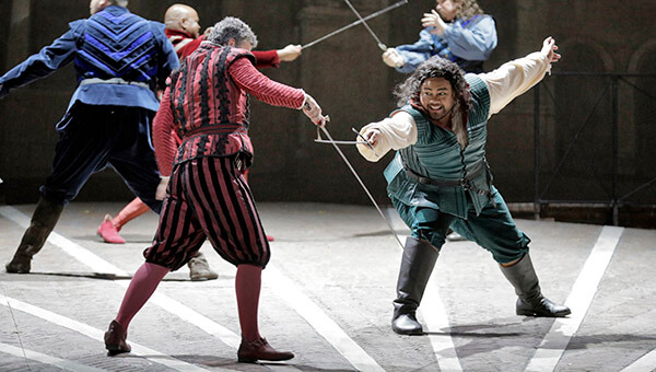 Fight scene with people sword fighting