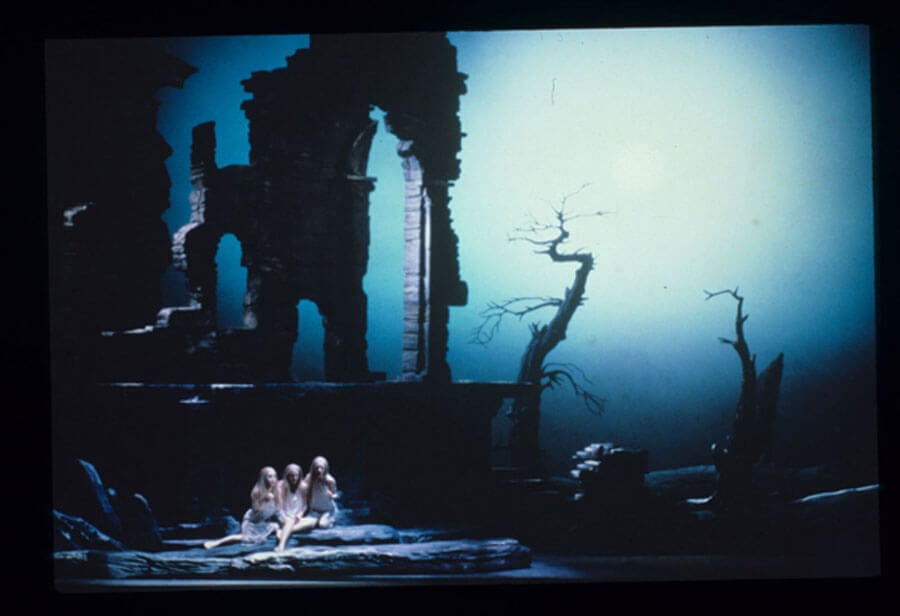 Rhinemaidens (Alexandra Hughes, Jean Herzberg and Deborah Sasson) in a wintry landscape (PHOTO: Scherl) 
