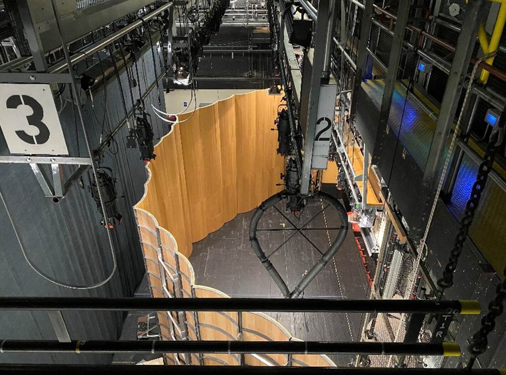 The shell from up in the fly tower showing the arrangement of the panels. Photo credit: Ryan O&rsquo;Steen.